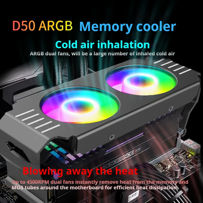 

Teucer D50 Memory Cooler with 50mm Dual ARGB Fan 12v/4Pin PWM 1000-4500rpm RAM Radiator for DDR3 DDR4 DDR5 Overclocking Cooling