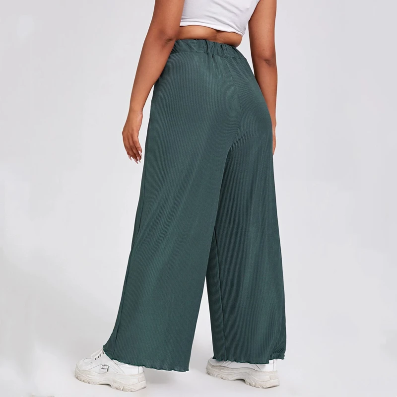 Plus Size Elastic Waist Summer Elegant Wide Leg Pants Loose Rib Knitted Casual Straight Pants Trousers Plus Size Womens Bottoms