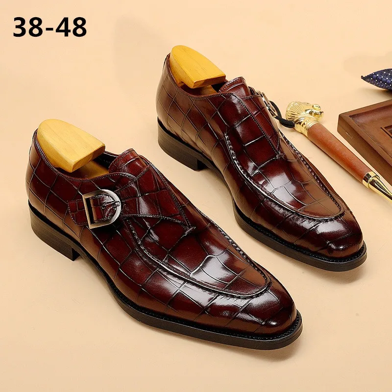 Size 38-48 Monk Strap Office Shoes Man Designer Penny Loafers Crocodile Shoes Mens Formal Shoes for Man Elegante Black Wine-Red