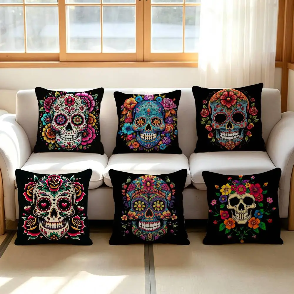 Halloween Sugar Skull Pillow Case Plush Fabric Soft Double Sided Print Sofa Cushion Cover Throw Pillow Covers