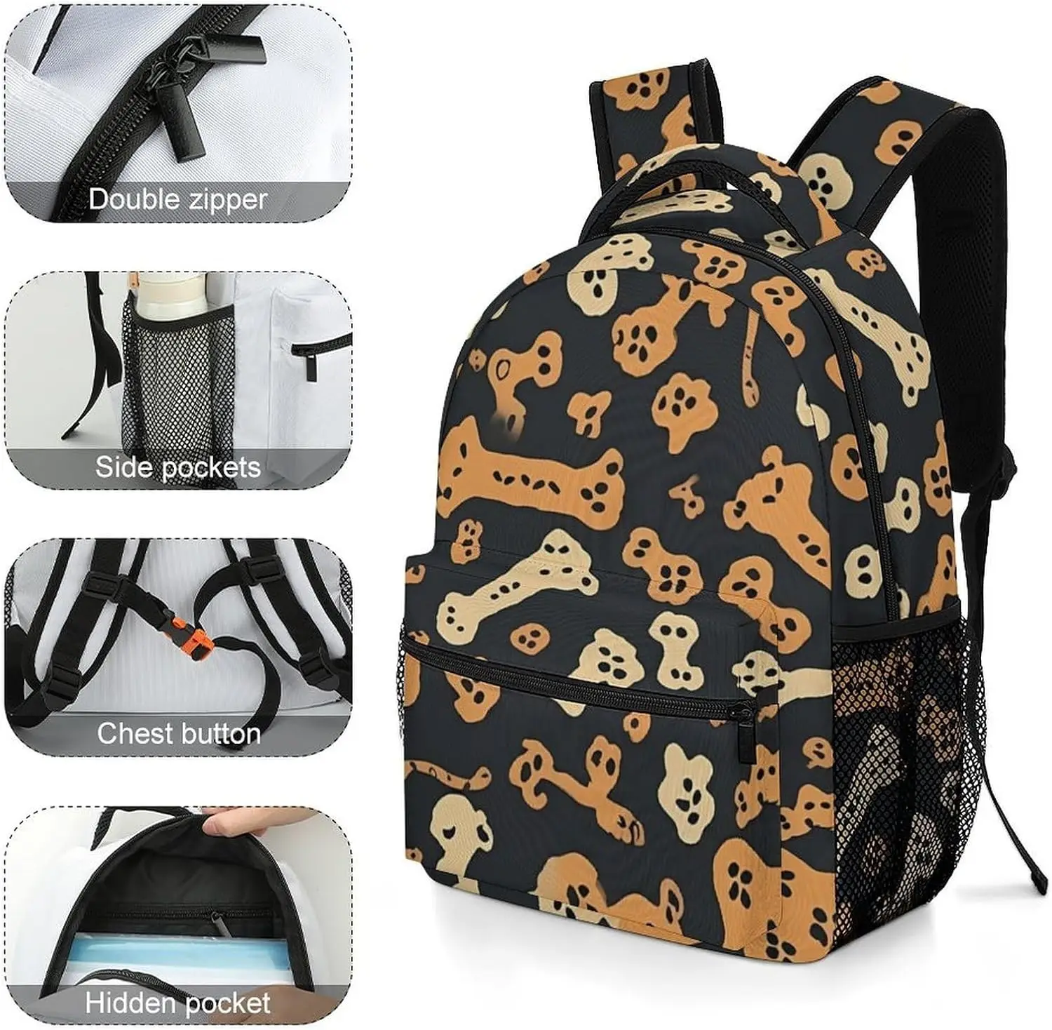Rucksack 16 Zoll leichter großer Büchertasche Hundeknochenmuster Tagesrucksack für Reisen, Büro, Arbeit
