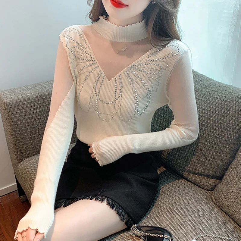 Fashion Turtleneck Diamond Ruched Jumper Knitted Sweater Autumn Winter Pullover Sweater Women 2023 See Through Mesh Tops 29211