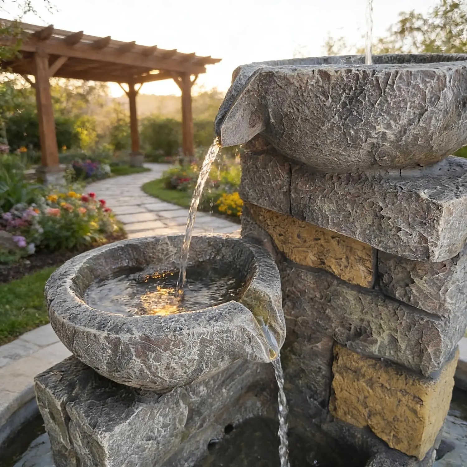 Outdoor Cascading Fountain LED Lights 4-Tier Rock Waterfall Garden Patio/Yard Decor Electric Powered Resin Stone Fountain