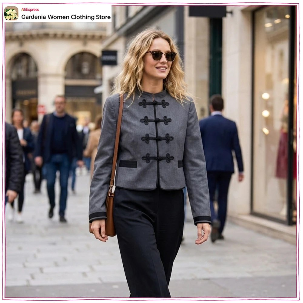 Elegant Chic Frog Fastening Blazers for Women Long Sleeve High Round Neck Blazer with Contrasting Frog Clasp & Cuffs and Pockets