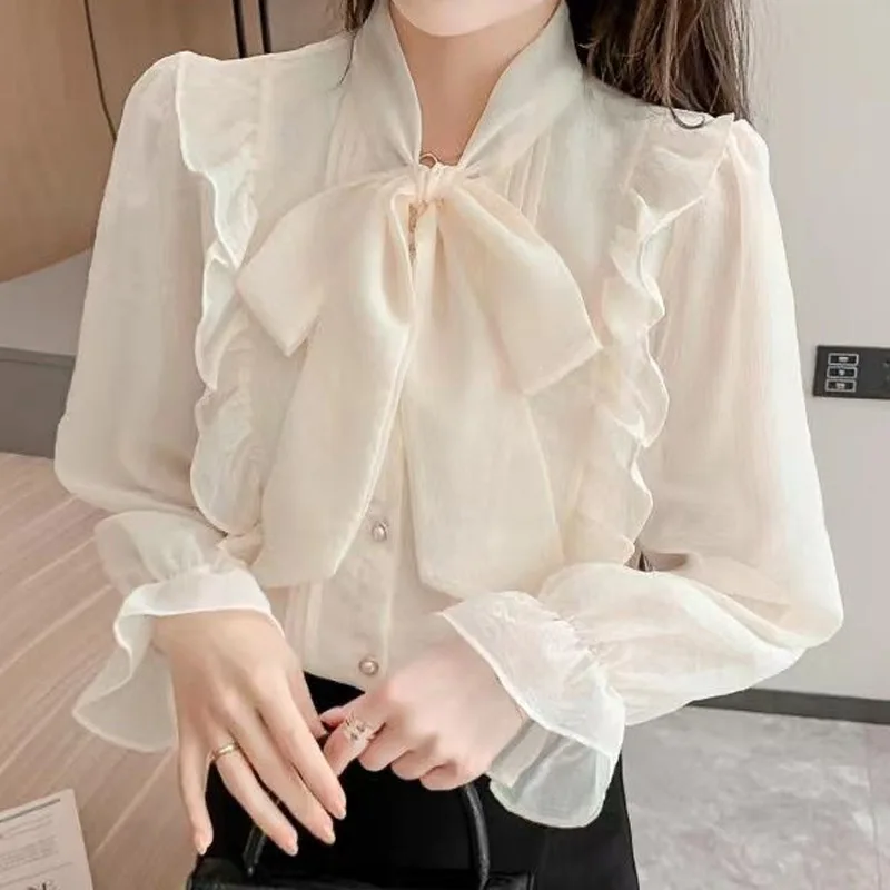 Sweet Ruffles Thin Shirt Tops Bow Short Sleeve Chiffon Pleated Youth All-match Blouse Summer Fashion Temperament Women Clothing