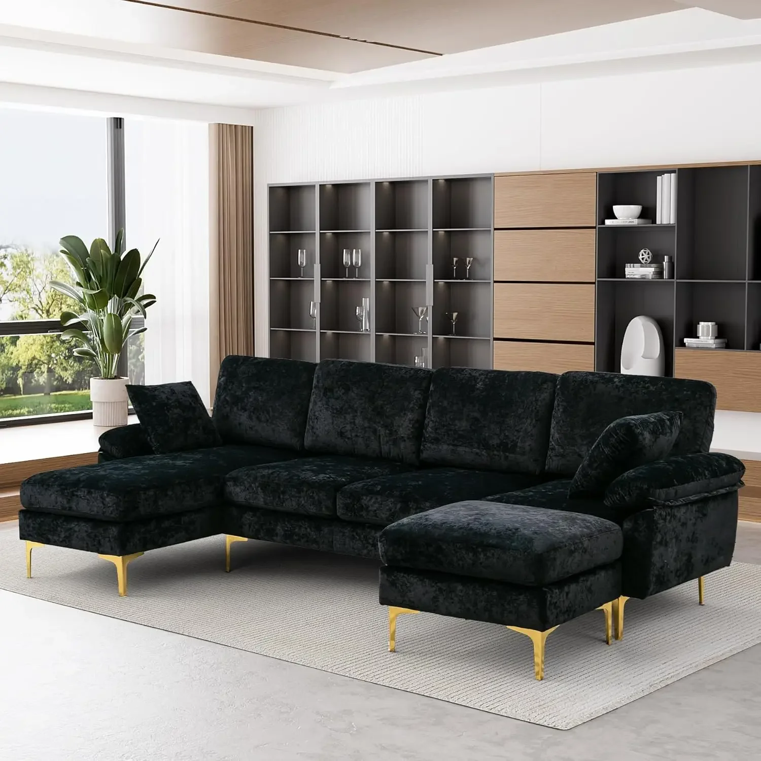 

U-Shaped Sectional Sofa Couch, 4 Seat Sofa Set for Living Room, Convertible L-Shaped Velvet Couch Set with Chaise Lounge