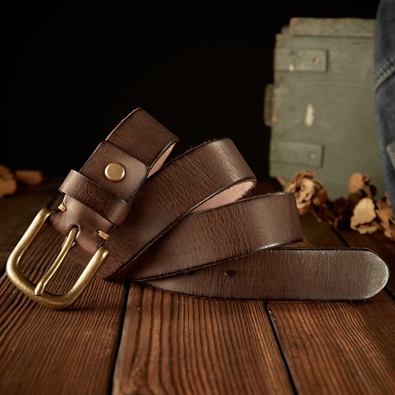 3.5cm/1.38'' Handmade Brass Buckle Belt Men's Genuine Leather Heel Bar Buckle First Layer Leather Youth Retro Jeans Wiastbelt