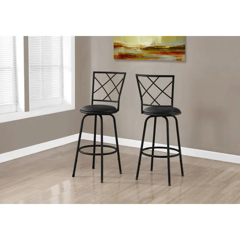 Set of 2 Swivel Bar Stools, Bar Height, Black Metal, Leather-Look, Contemporary Modern Design