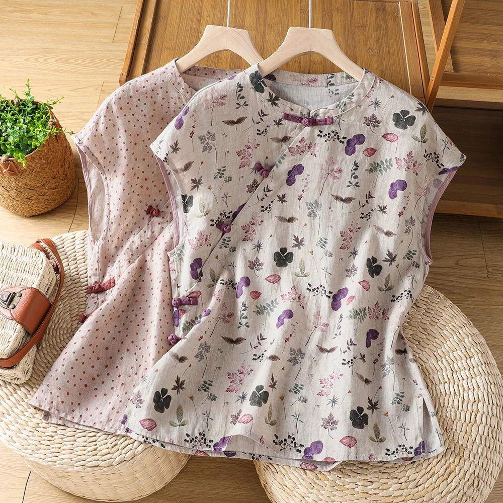 

High-End Floral Print Cotton Linen Base Shirt Women's Summer New Style Thin Printed T-Shirt round Neck No Sleeve Commute Style