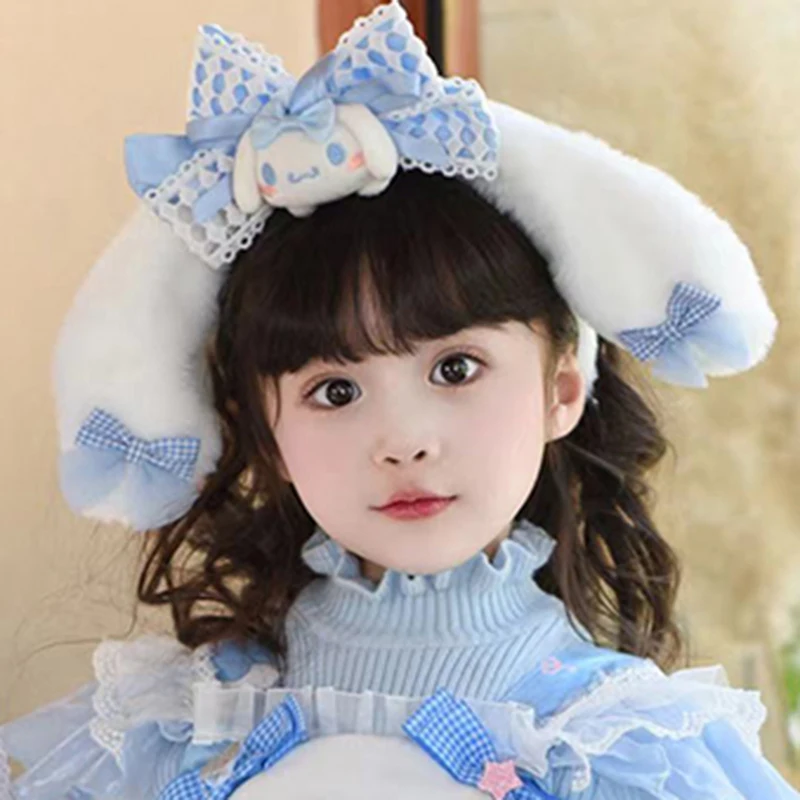 Kawaii Cinnamoroll Melody Kuromi Fascia per capelli per orecchie Kawaii Anime Cartoon Girl Dolce fiocco in pizzo blu Peluche Accessori per capelli Regali per ragazze