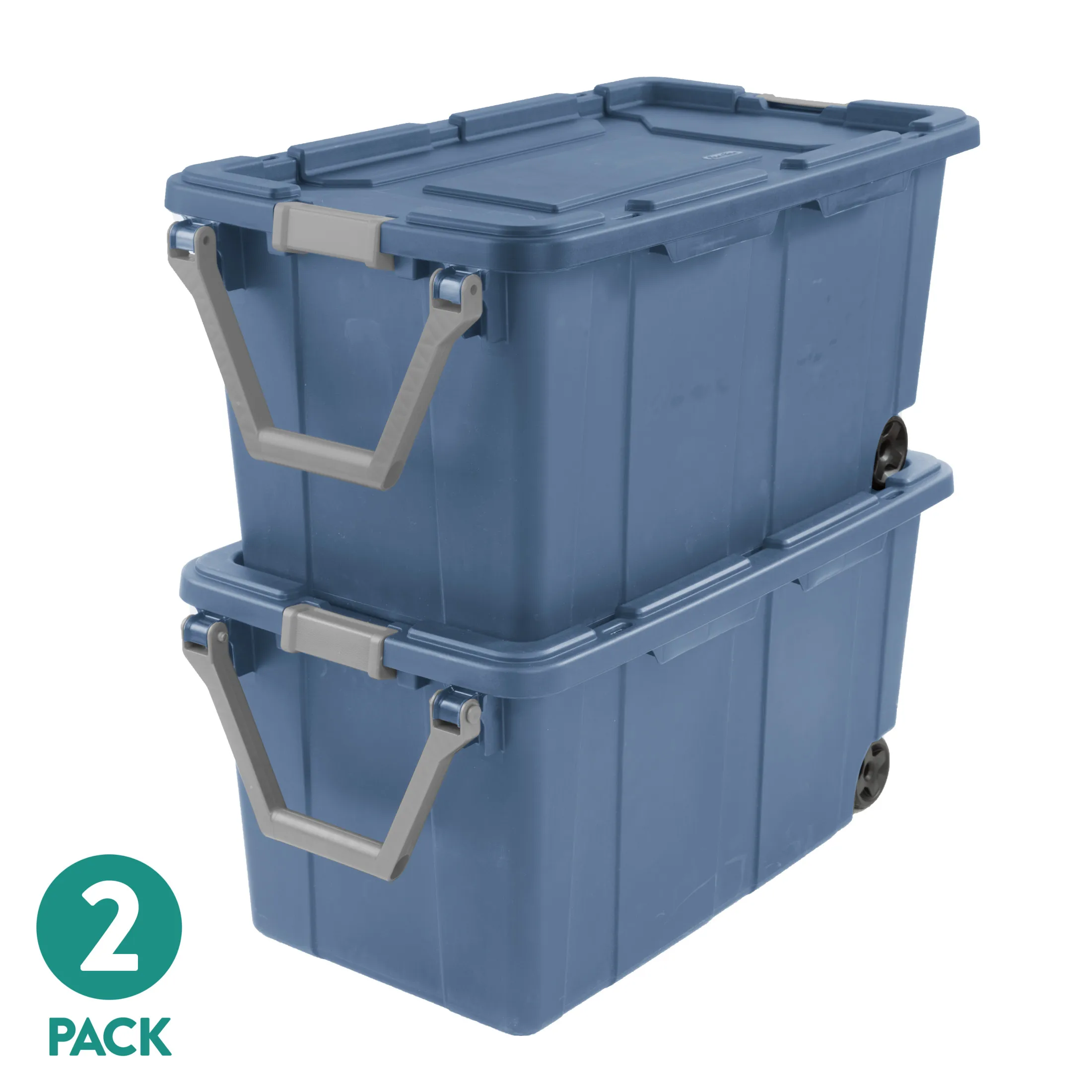 

Extra-Large Wheeled Industrial Storage Bin, 40 Gallon Durable Plastic Storage Tote with Latching Lid and Pull Handle, Blue, 2 Pa