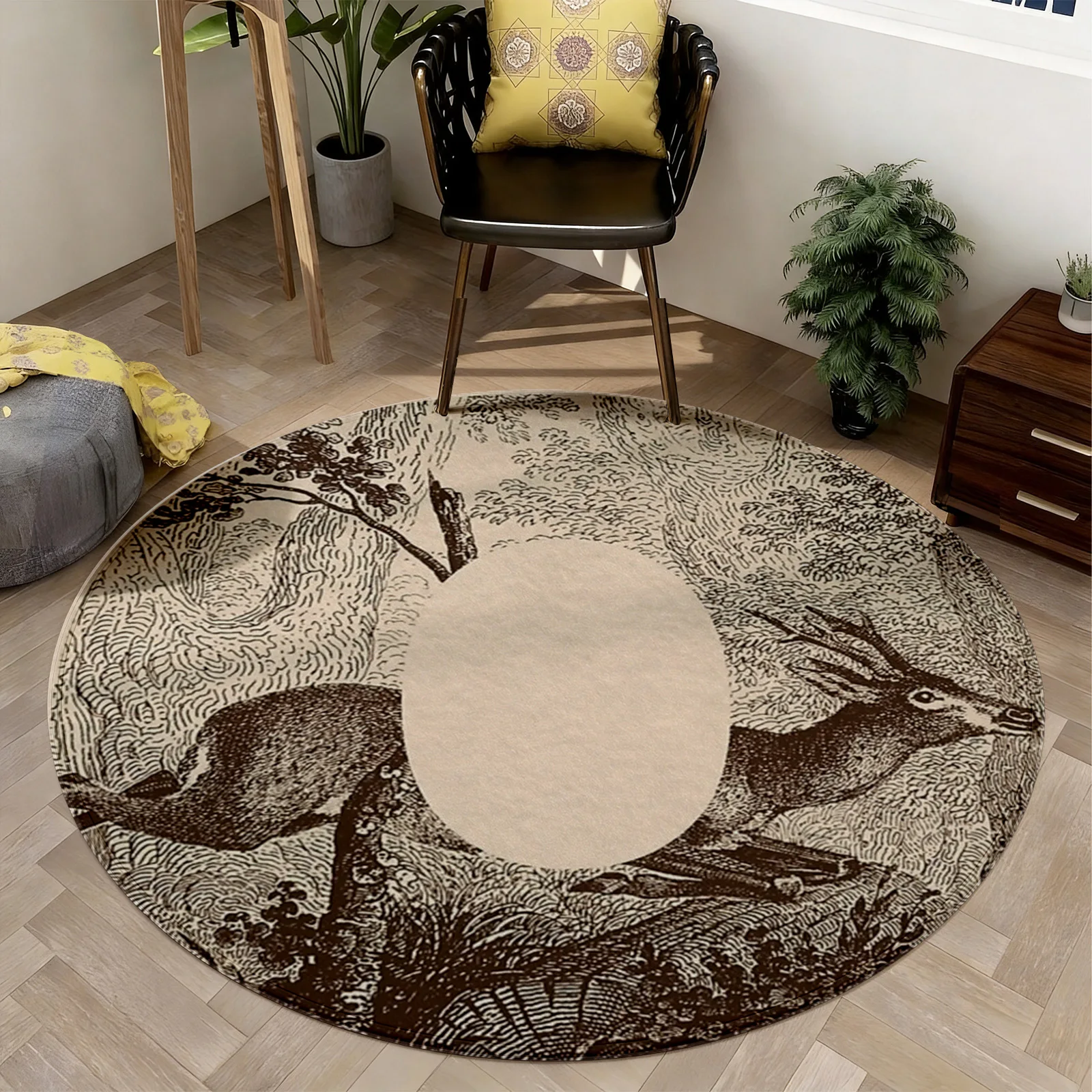 Stylish Round Deer Print Area Rug Boho Farmhouse Living Room Accent Carpet Wildlife Animal Pattern Decor Nursery Mat Islamic Sty - view 2