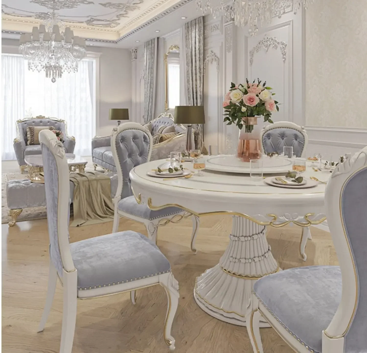 

A38 Court French furniture European solid wood carving flower dining table 1.5 meters round table with turntable