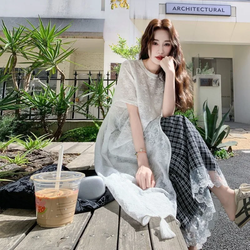 

2025 Summer New Women Trendy Asymmetric Long T Shirts Plaid Lace Skirts Two Piece Set Lady Casual Short Sleeve Tops Skirts Suits