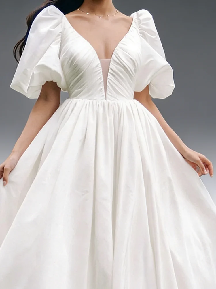 Klassieke V-hals Ruches Backless Pofmouwen A-lijn Bruid Trouwjurken Bruidsjurken Op maat