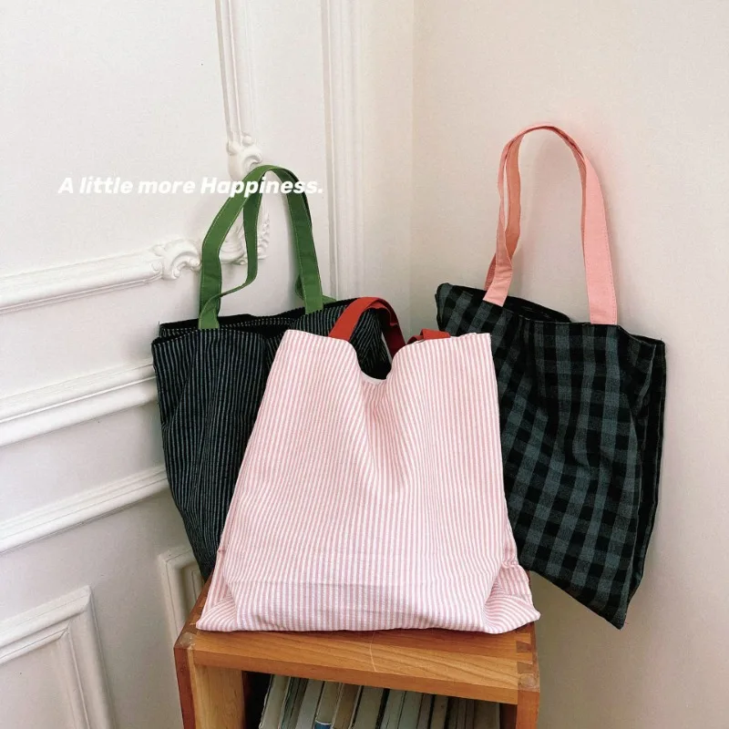 Women Shoulder Bags 2023 New Fashionable Plaid Cloth Bag Striped Tote Bag Casual Simple Work Handbag for Women Office