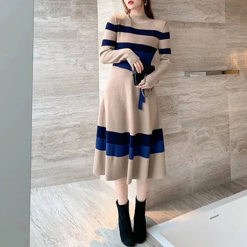 

Elegant Fashion Striped Thicken Sweater Dresses Women 2023 Autumn Winter Retro Knitted Dress Woman Korean Long Sleeve Midi Dress