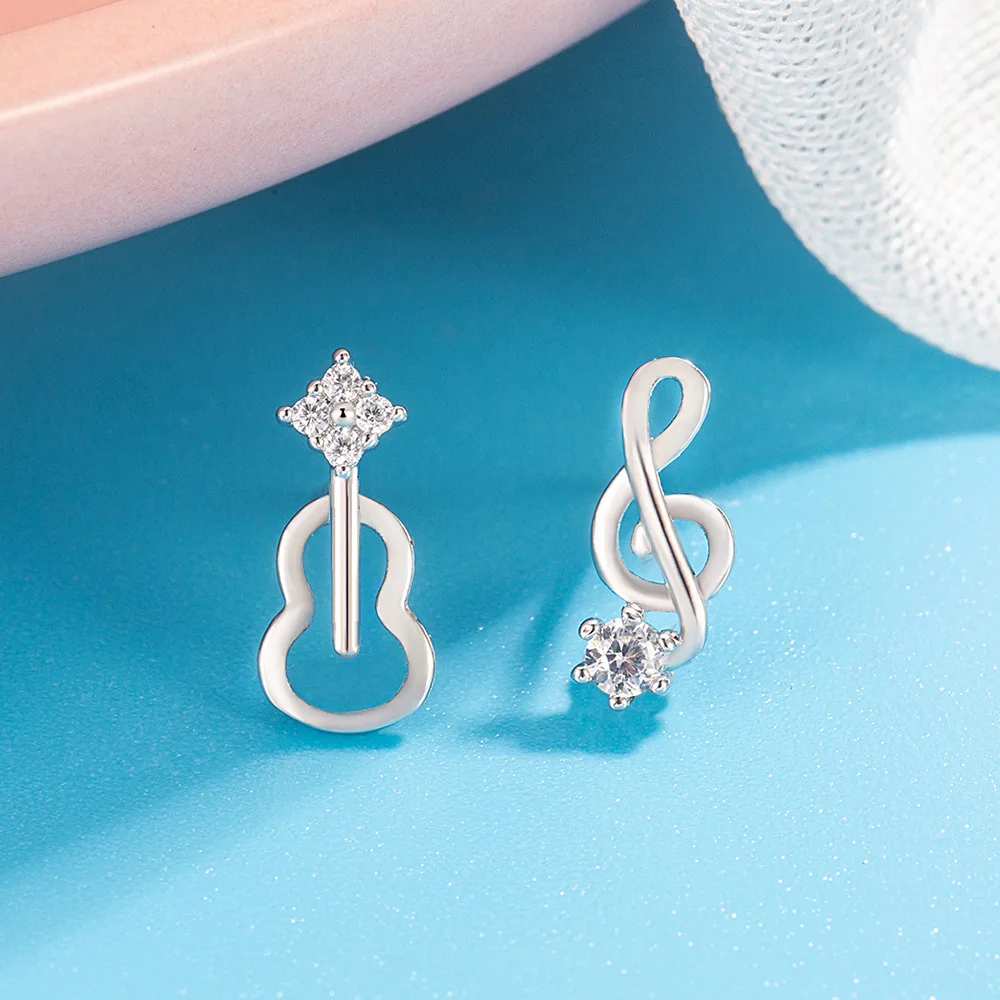 New 925 Sterling Silver Violin Note Asymmetric Earrings for Women Hollowed-out Inlaid Zircon Small and Exquisite Jewelry Gift