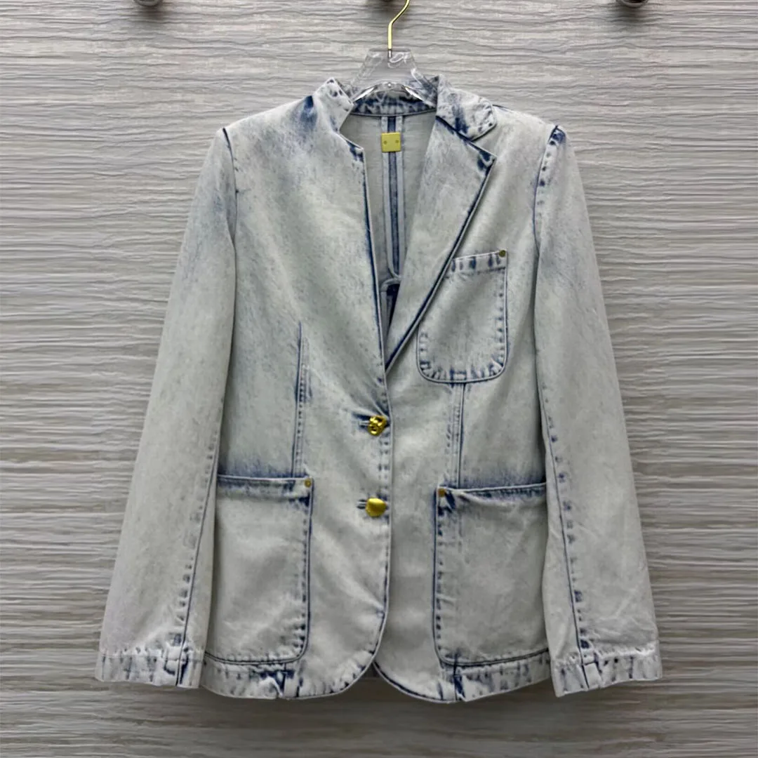 

2025 New Fashion Whitewashed Denim Blazer Jacket Women Vintage Patchwork Notched Gold Buttons Pockets Casual Loose Suit Coat