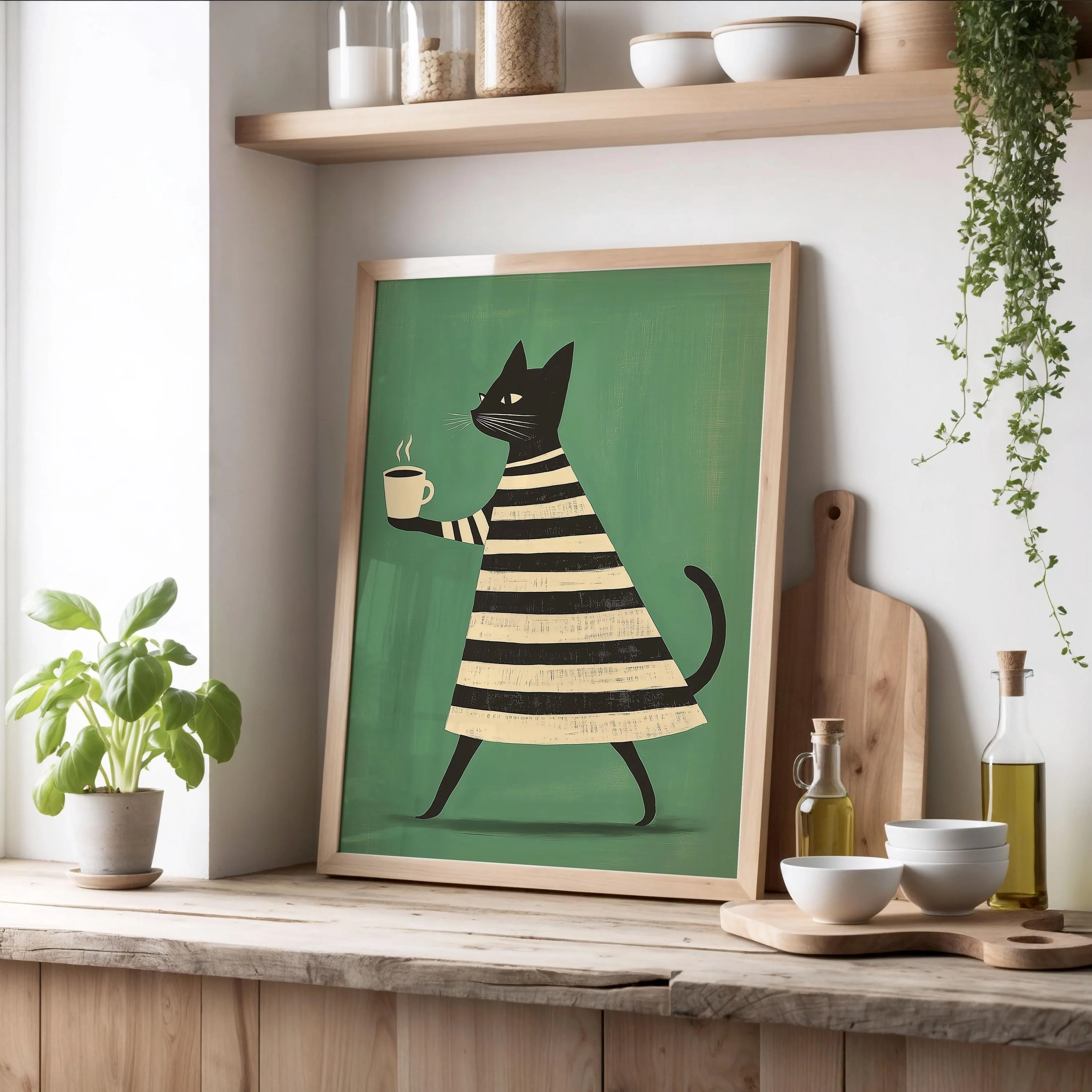1PC frameless decorative art print,Bonjour Mon Amour Black Cat Art Canvas Print Mid-century Dog Drink Coffee Wall Art Poster for