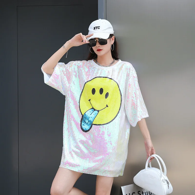 #0215 Black White Shinny Sequined T Shirt Women Short Sleeve Smile Face Funny Women's T-shirt Loose Harajuku Streetwear Hip Hop