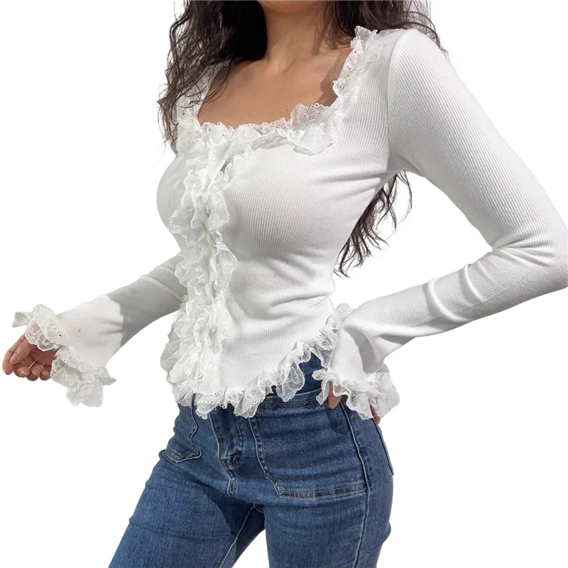 

ASDS-Women's Long Bell Sleeve Button Down Ruffle Crop Shirt Top Blouses