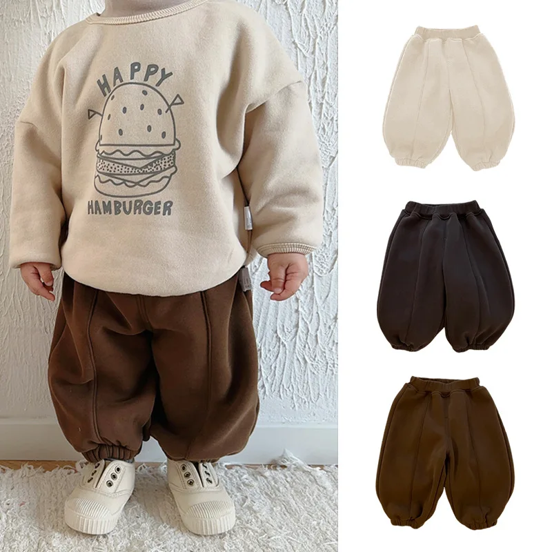 Autumn Winter 2024 Ins Baby Boy Jogger Pants Elastic Waist Solid Color Plush Thicken Exterior Newborn Boy Pants Infant Boy Pants