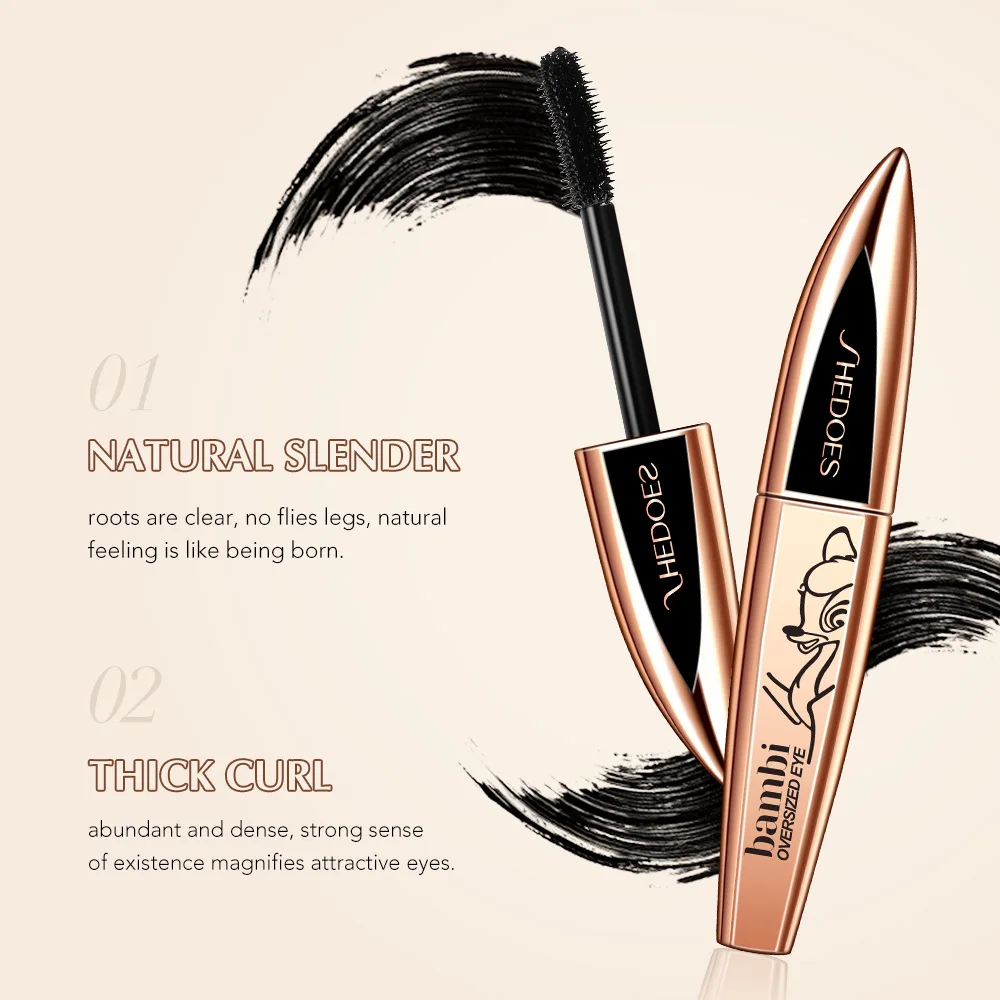 Shedoes Bambi Mascara natürliche dicke schlanke lockige Wimpern lang anhaltende wasserdichte Mode Design großvolumige schwarze Mascara 10ml