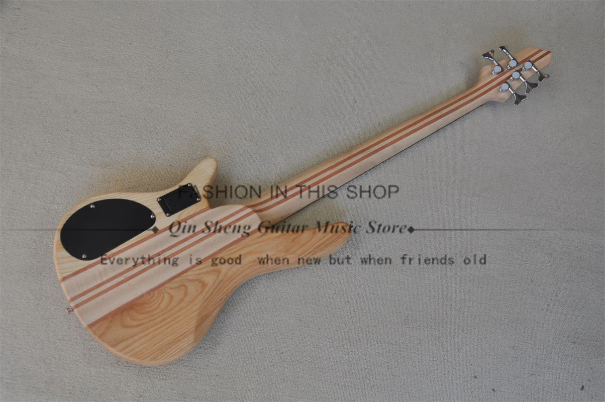 5 Strings Natural Bass Guitar Maple neck Though ASH Wood Body Fixed Bridge Active Battery  Chrome Tuners