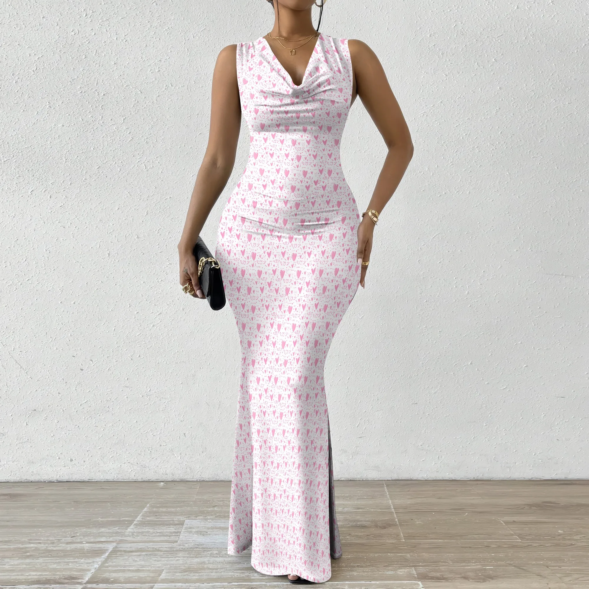 

Women's Mermaid Dress Fitted Cowl Neck Fishtail Dress XS-2XL Heart Print for Carnival Festival Street Party