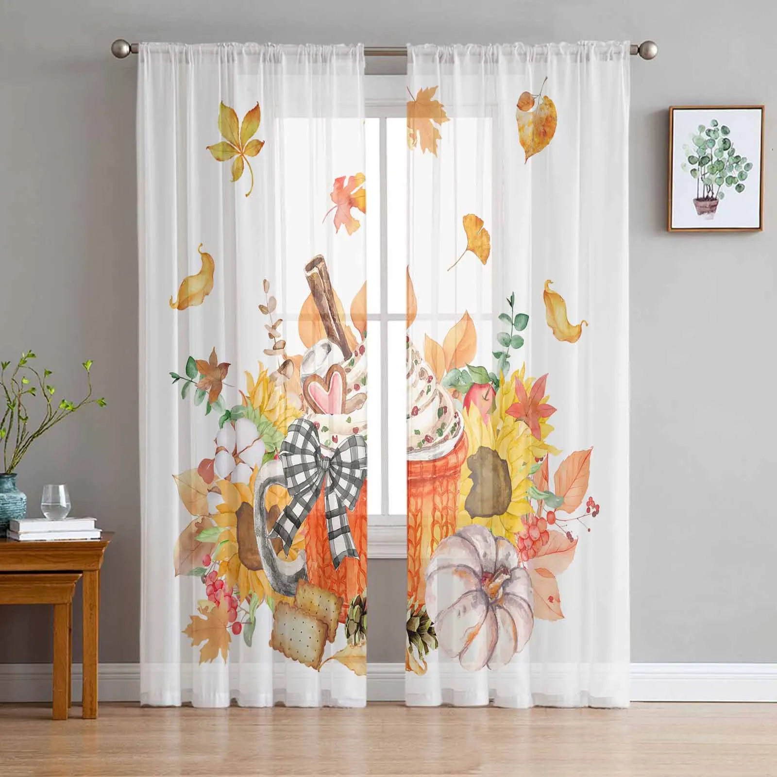 

Thanksgiving Sunflowers Leaves Pumpkin Curtains Living Room Bedroom Kitchen Decoration Window Voiles Organza Tulle Curtain