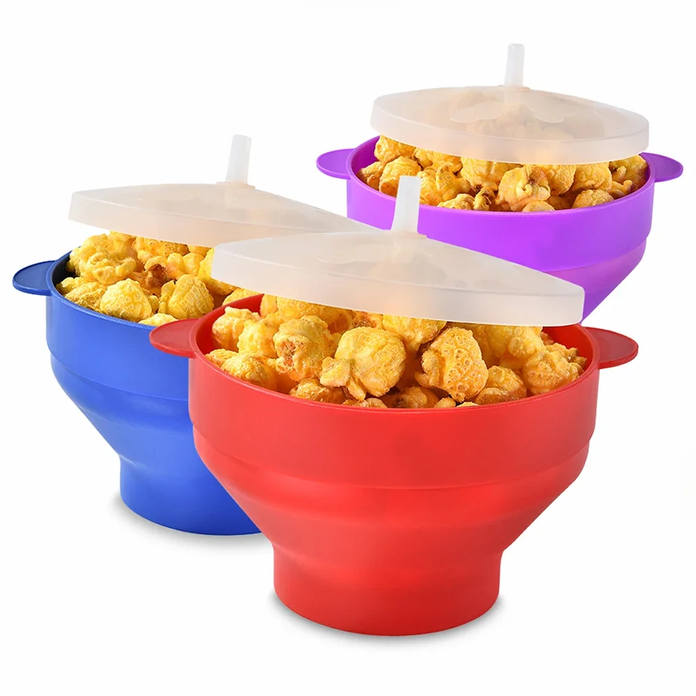 1/3Pcs Microwave Popcorn Bowl Bucket Silicone DIY Red Popcorn Maker with Lid Chips Fruit Dish High Quality Kitchen Easy Tools