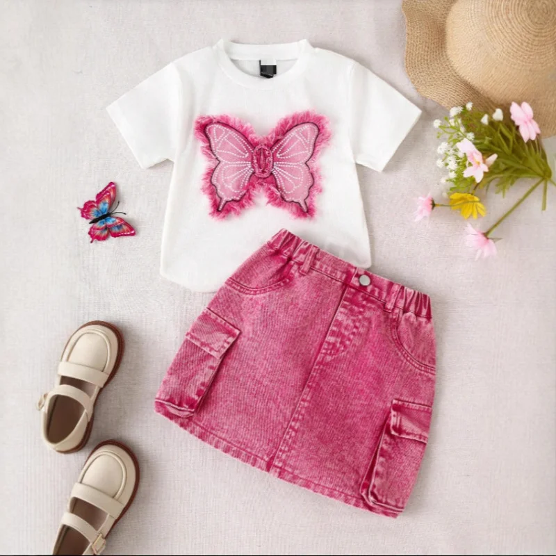 New bow-knot embroidered short-sleeve top+Washed Denim Short Skirt Girls' Trendy Outfit