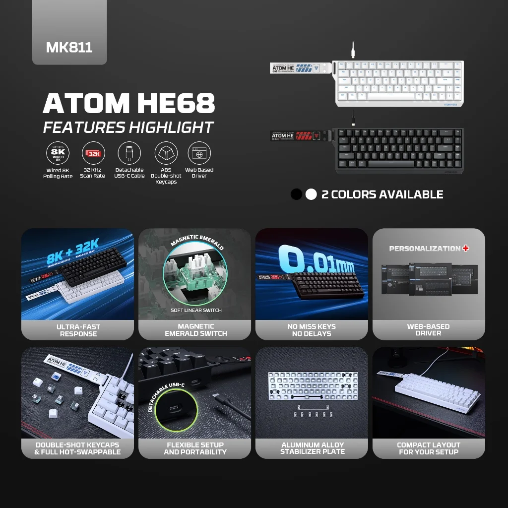 FANTECH MK811 ATOM HE68 Wired Magnetic Switch Gaming Keyboard 68Key 8K Polling Rate 0.01mm Adjustable Actuation