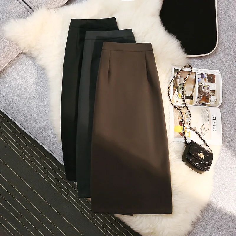 التجارة الخارجية الأكثر مبيعا تنورة متوسطة الطول من الصوف السميك للنساء: 2025 الخريف والشتاء عالية الخصر سليم صالح ألف خط تنورة قلم رصاص، B