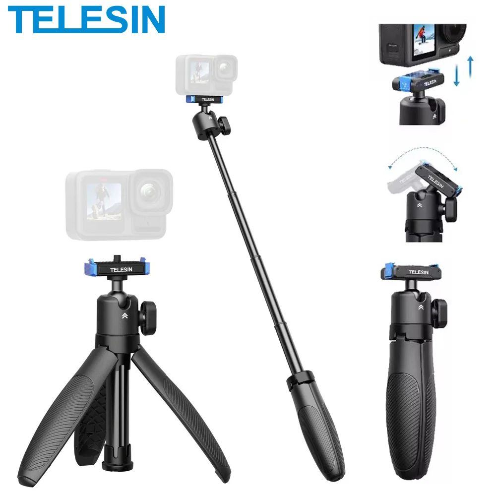 TELESIN Selfie Stick Tripod Portable Quick Release Aluminum Alloy Holder for GoPro 13 GoPro13 DJI Action 5pro 4 Camera Hand Grip