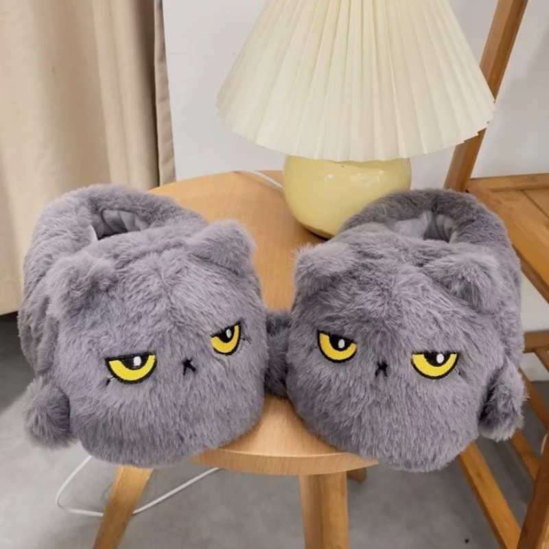 Cute Cartoon Cat Indoor Fluffy Slippers For Women Men Funny House Shoes Warm Faux Fur Anti-slip Couples Winter Home Cotton Shoe