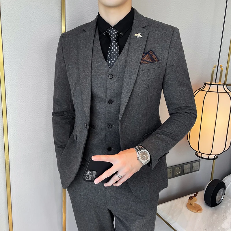 

(Jacket+vest+pants) Men Korean Version Pure Single Button Slim Business Formal Social Suit Suit Men Wedding Groom Best Man Dress