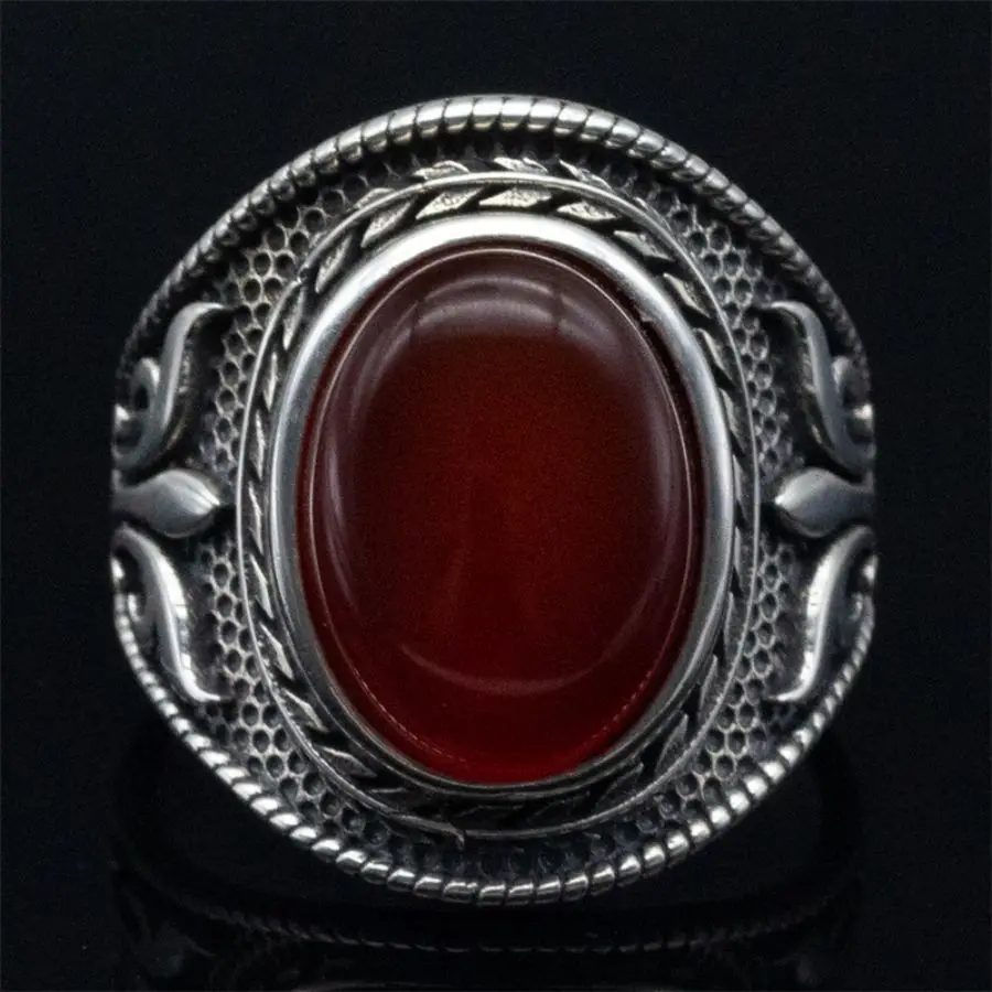 Wholesale Real 925 Sterling Silver Mens Ring Natural Red Agate Stone Jewelry Gift Silver Hand Wedding Agate Ring