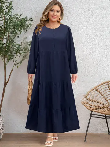 【Plus-size】Women's Navy Blue Round Neck Buttoned Long Sleeve Tiered Ruffle Maxi Dress Casual Loose Daily Wear
