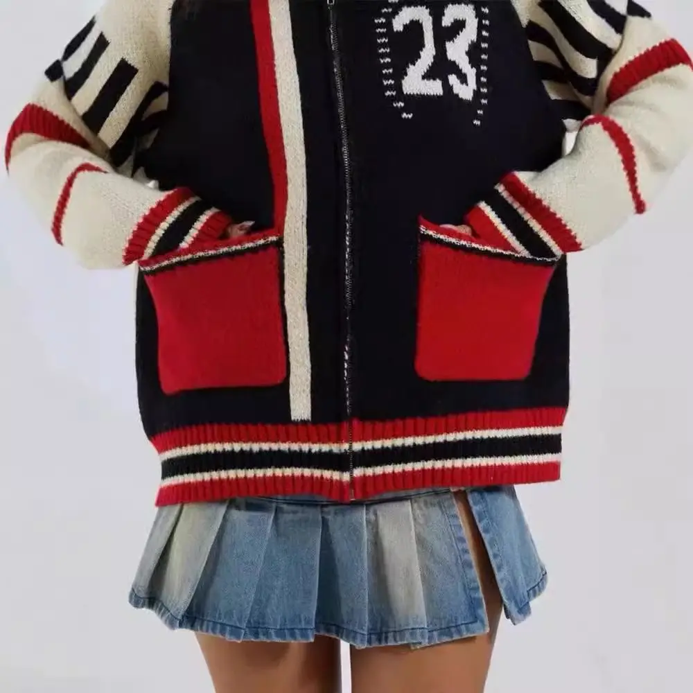 

Jaded London American Retro Long Zipper Streetwear Sle Open Cardigan Sweater Star Embroidery Oversized Knitted Outerwear