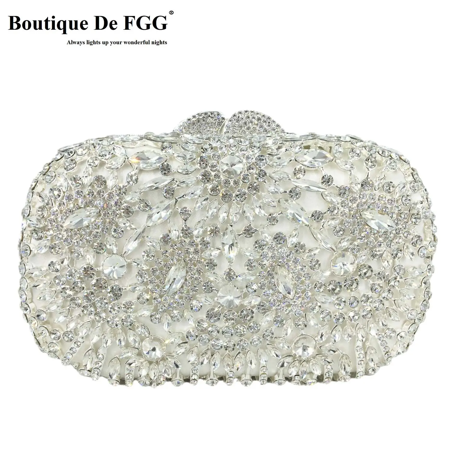 

Boutique De FGG Women White Evening Bags and Clutches Flower Wedding Gala Dinner Rhinestone Minaudiere Purses and Handbags