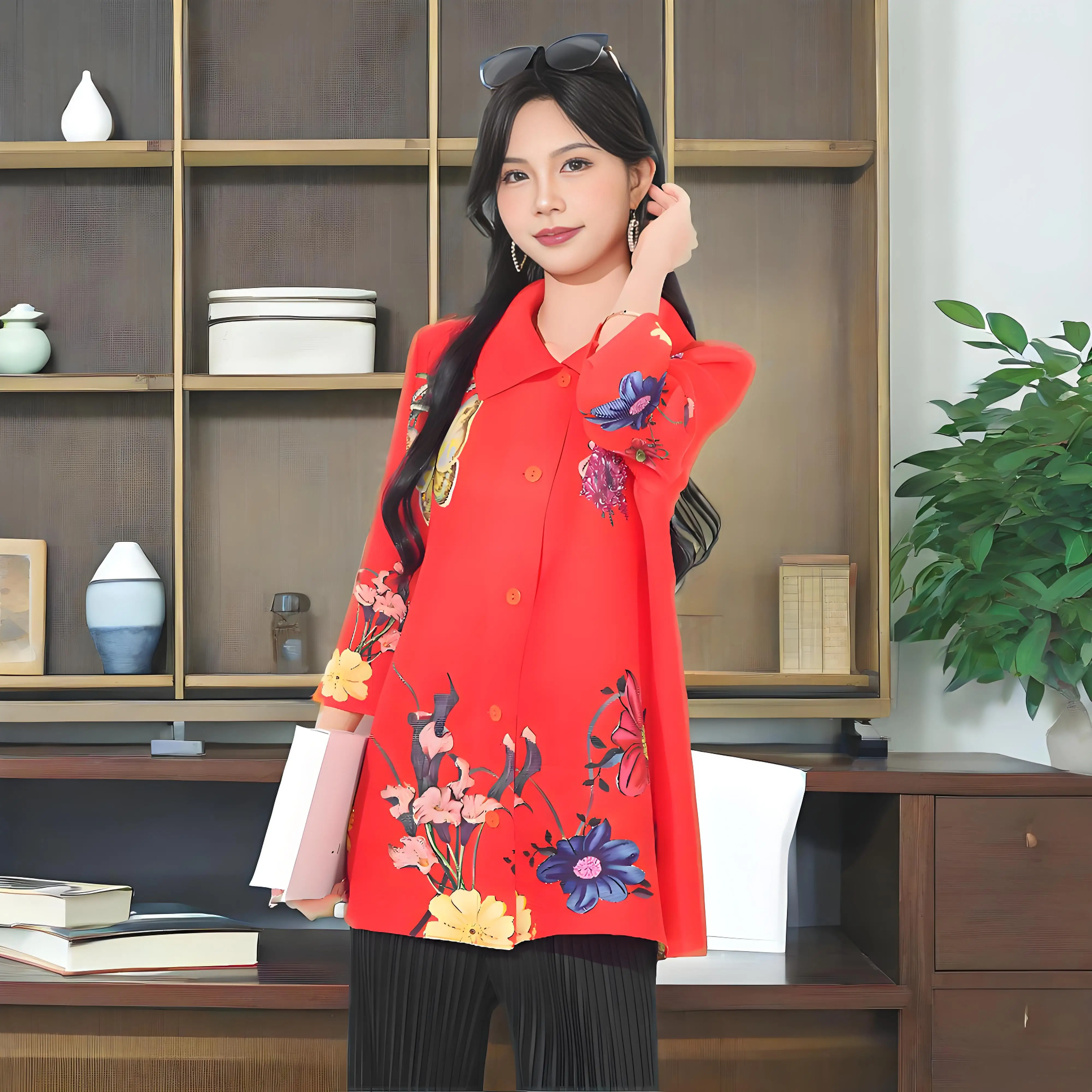 

Miyake 2025 New Spring and Autumn Large Size Fashionable Noble Lapel Top Foreign Style Age-reducing Advanced Pleated Shirt Women