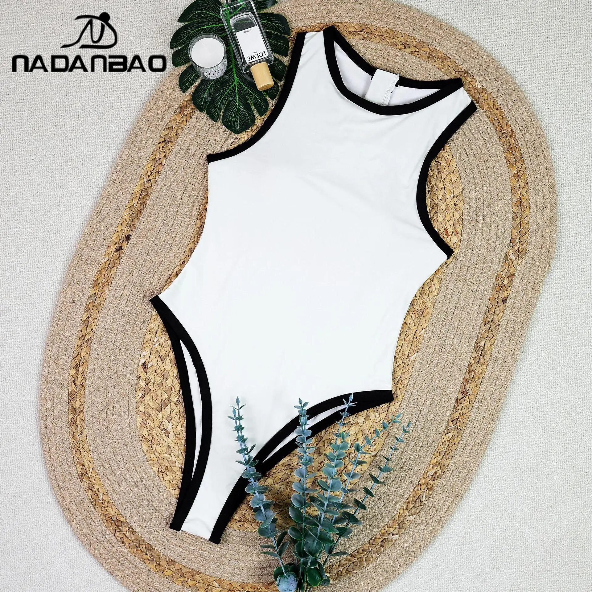 Nadanbao novo biquíni de gola alta maiô de uma peça para mulheres com zíper banho preto branco macacão biquíni praia piscina biquíni