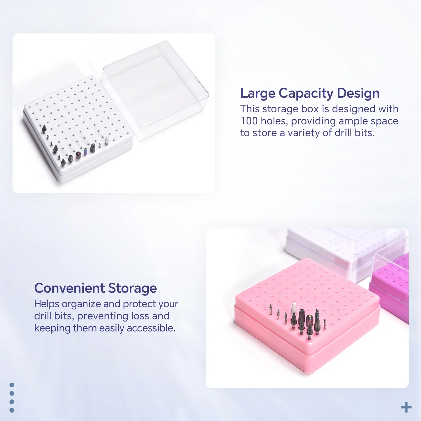 100-Hole Nail Art Drill Bit Holder White Storage Box Plastic Empty Container Case for Milling Cutters Hold Manicure Tools