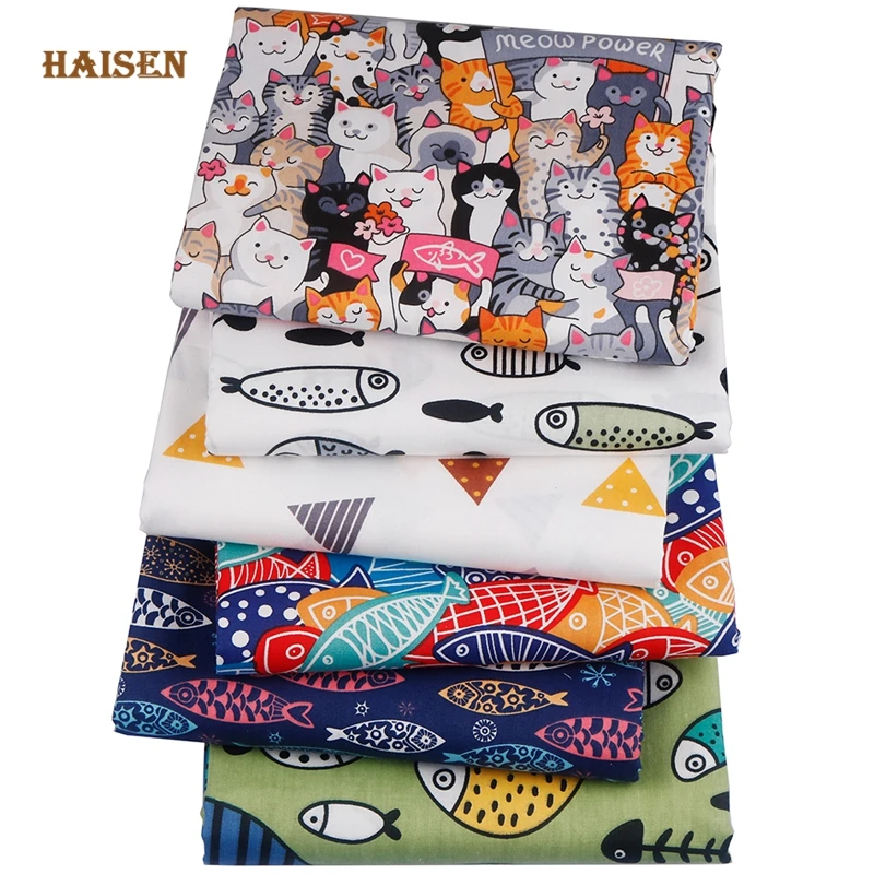 Haisen,Cartoon Kitten Eats Fish Printed Cotton Fabric Twill Cloth,DIY Sewing Quilting Sheet Home Textiles Material ForBaby&Child