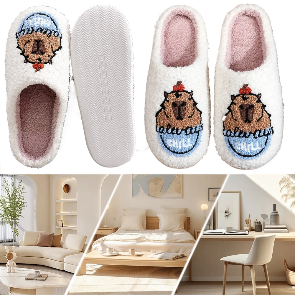 Capybara-Plüsch-Hausschuhe, geschlossene Zehen-Hausschuhe, rutschfest, warme Slip-on-Hausschuhe, flache Thermo-Hausschuhe für Outdoor, Innenbereich, Schlafzimmer
