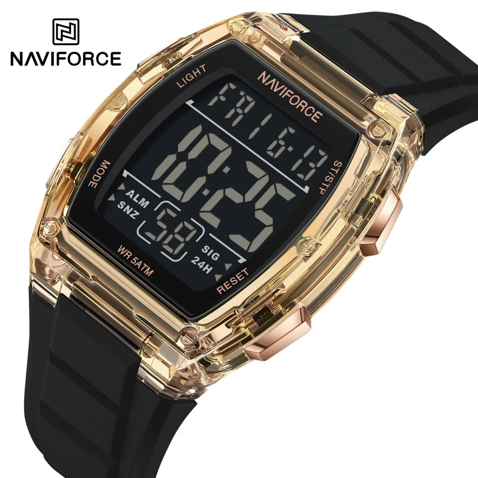 NAVIFORCE New Style Men Digital Quartz Watches LCD Waterproof Soft Silicone Strap Sports Day Date Display Casual Male Wristwatch