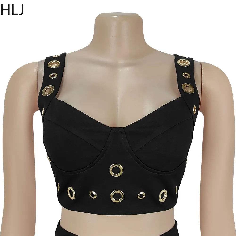 HLJ Fashion Two Piece Outfits Woman Spaghetti Strap Backless Metal Eyelet Crop Top and Pants Matching Suit Female Streetwear New