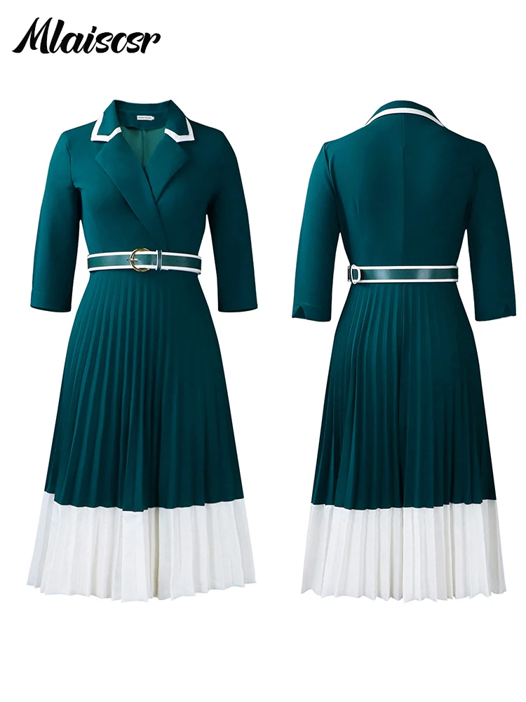 Mlaiscsr vert africain manches longues col cranté taille haute plissée Robe moyenne avec ceinture femmes bureau soirée robes d'invité Robe
